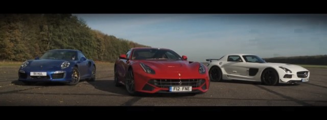 Drag Race: Ferrari F12 vs. Porsche 911 Turbo S vs. SLS AMG Black Series