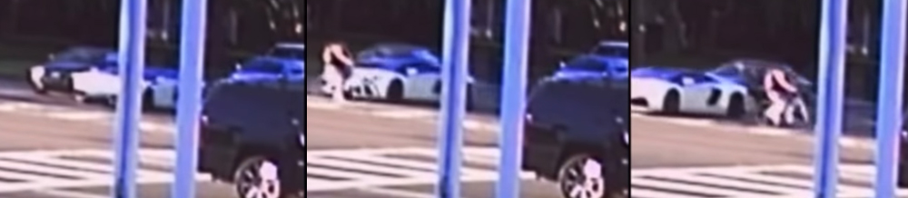 Security footage shows Lamborghini driver hit Audi and nearly strike pedestrian on bike