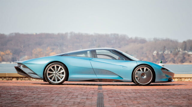 Blue Mclaren Speedtail side profile view