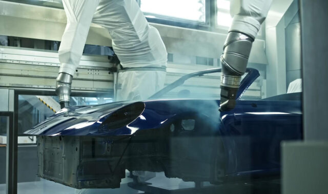 Porsche 911 getting painted by robots at Porsche factory
