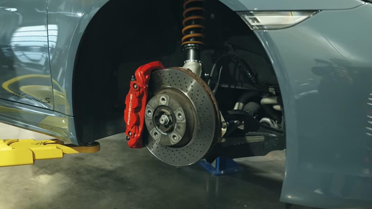 A Porsche 718 Cayman S with new coilover shocks. 