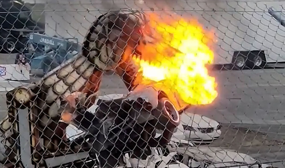 Shelby Supercars SSC Ultimate Aero Crushed in Washington Tri Cities Raceway MEgasaurus Fire Monster Destruction On Fire